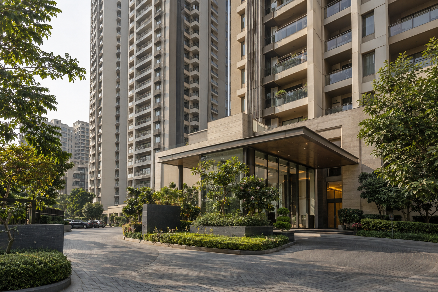 Premium residential property development with landscaped entrance
